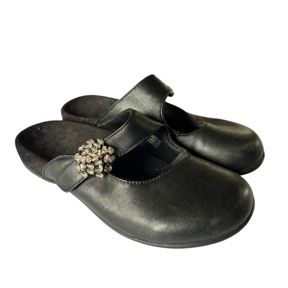 Vionic Womens Size 6 Black Leather Joan Open Back Clogs Beaded Flower Comfort - Picture 1 of 5